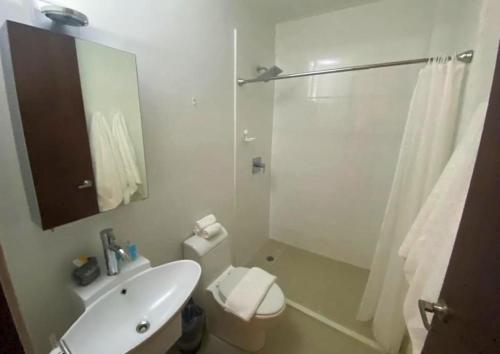 uma casa de banho com um WC, um lavatório e um chuveiro em KASA The Lofts 302 em San Juan