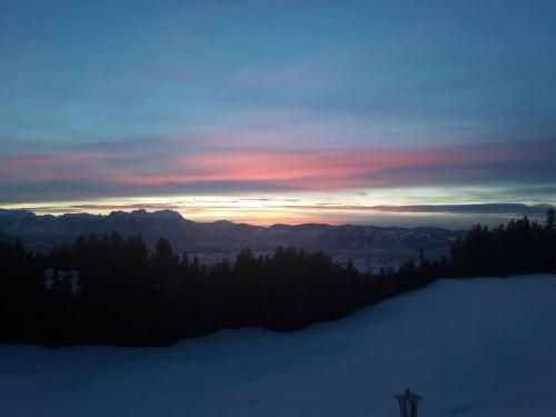 a sunset in the mountains with snow and trees at Großzügige Ferienwohnung am Skigebiet Bödele mit Rheintalblick in Dornbirn
