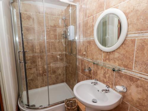 uma casa de banho com um chuveiro, um lavatório e um espelho. em Equine Studio Annexe em Clarbeston