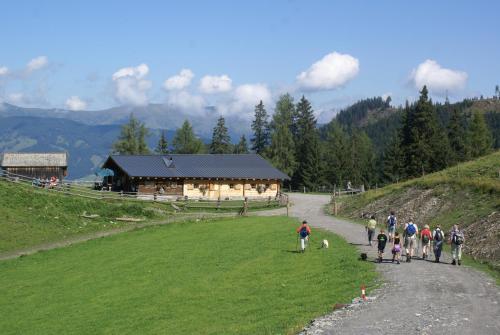 a group of people walking down a road next to a building at Pension Anneliese in Rauris