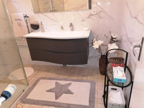 ein Bad mit einem Waschbecken und einem schwarzen und weißen Waschbecken in der Unterkunft Les Vosges ça vous tente ? in Saint-Nabord
