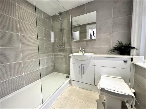 La salle de bains est pourvue d'une douche, d'un lavabo et de toilettes. dans l'établissement Mins away from Brighton seafront Central 1 bedroom flat, à Brighton et Hove
