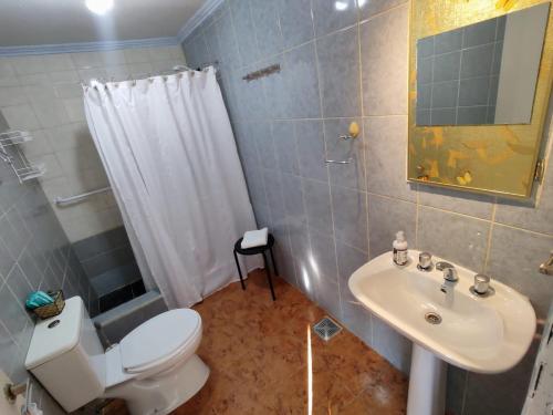Un baño con un inodoro blanco y un lavabo. en Los Lupinos, en El Chaltén