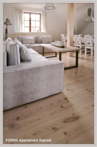 a living room with a couch and a table at FORMA Apartament Supraśl in Supraśl