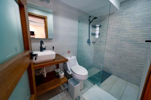 a bathroom with a toilet and a sink and a shower at Todo Bien Quality Studio Beachfront Kite Beach in Cabarete