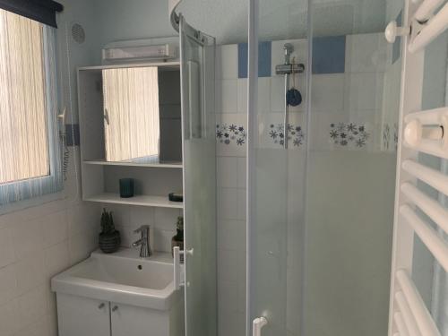 une salle de bain avec douche et lavabo dans l'établissement Appartement à deux pas de la mer, Biscarrosse Plage - 4 pers. - Terrasse et Parking inclus - FR-1-319-447, à Biscarrosse