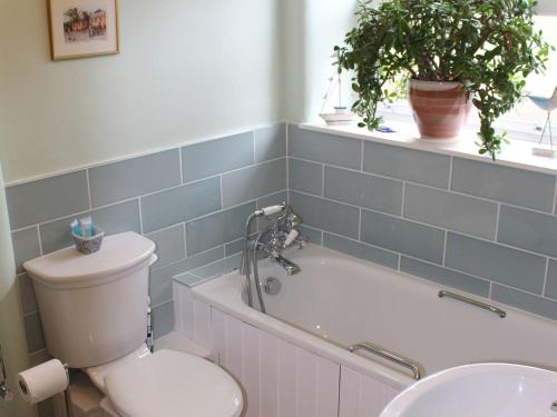 a bathroom with a toilet and a tub and a plant at Thorncliffe Cottage in Tideswell