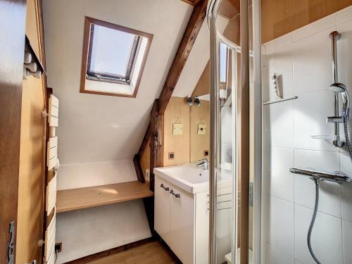 une salle de bain avec un lavabo et une douche dans l'établissement Chalet cosy 10 pers, terrasse sud, park, à 50m des pistes et commerces - FR-1-416-10, à La Toussuire
