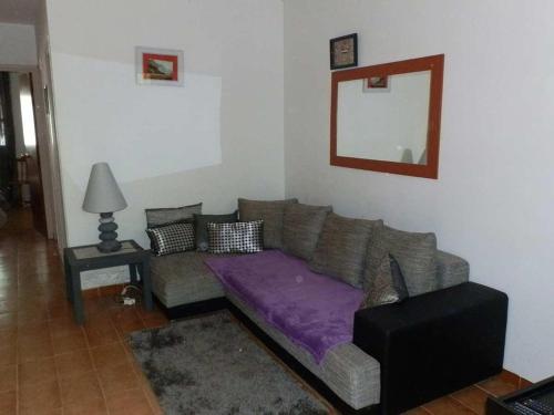 een woonkamer met een bank en een spiegel bij Casa Deltebre, 2 dormitorios, 4 personas - ES-184-45 in Riumar