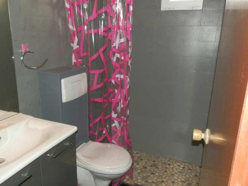 een badkamer met een toilet en een roze douchegordijn bij Casa Deltebre, 2 dormitorios, 4 personas - ES-184-45 in Riumar