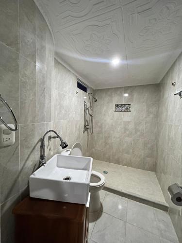 a bathroom with a sink and a toilet at Villa Celeste in Doradal