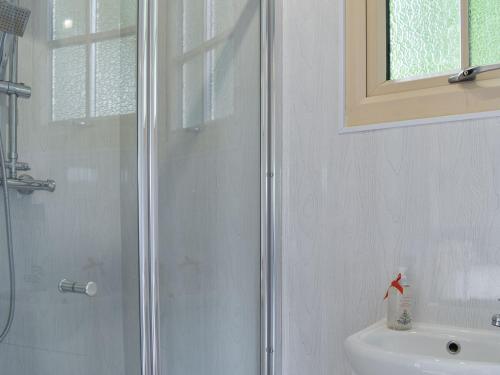 een badkamer met een douche en een wastafel bij The Shepherds Hut in Herstmonceux