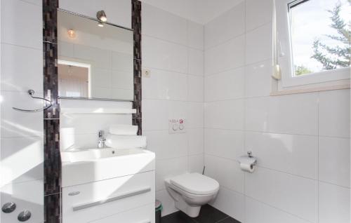 a white bathroom with a toilet and a sink at Nice Home In Celina With Kitchen in Čelina