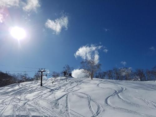 a snow covered hill with tracks in the snow at Shiga Kogen Olympic Hotel in Yamanouchi