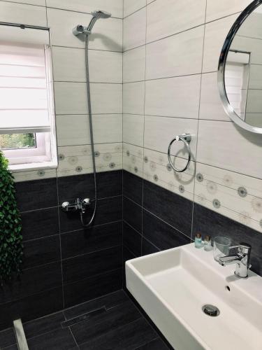 a bathroom with a sink and a shower at Stone House Obelisk in Gjirokastër