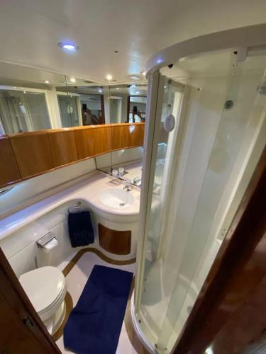 une petite salle de bain avec toilettes et lavabo dans l'établissement Yacht le Yauta Porto Vecchio, à Porto-Vecchio