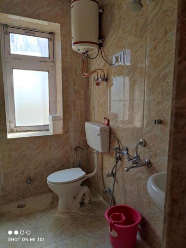 a bathroom with a toilet and a sink and a window at The Mir Villa Ladakh in Leh