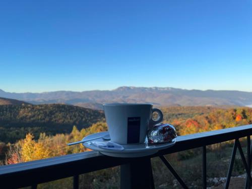 a cup of coffee on a balcony with a cookie at Jahorina Luxury Chalets in Jahorina