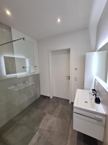 ein weißes Bad mit einem Waschbecken und einer Dusche in der Unterkunft Panorama Apartments in Füssen