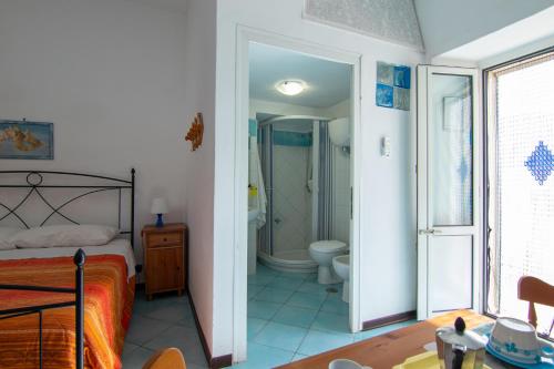 ein Schlafzimmer mit einem Bett und ein Badezimmer mit einer Dusche in der Unterkunft Ponza Holiday Homes - Santa Maria in Ponza
