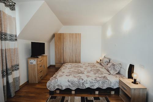1 dormitorio con 1 cama, vestidor y TV en Pensiunea HOJDA, en Moisei
