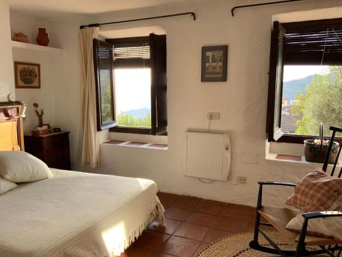 um quarto com uma cama e duas janelas em Bonita casa rústica sierra de Cádiz em Benaocaz