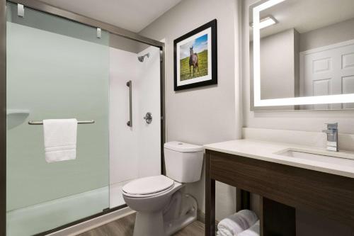 La salle de bains est pourvue de toilettes, d'un lavabo et d'une douche. dans l'établissement La Quinta Inn Lexington-Horse Park, à Lexington