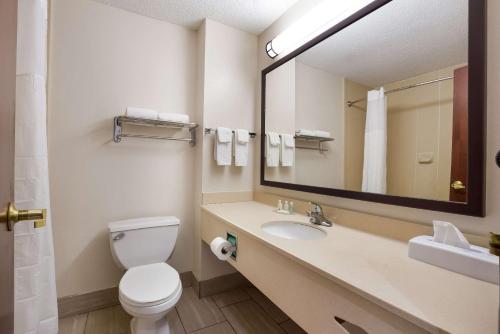 a bathroom with a toilet and a sink and a mirror at Quality Inn Thomasville-Northpark in Thomasville