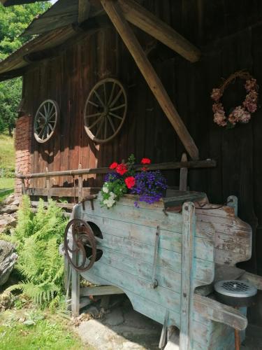 a wooden house with flowers on top of it at Chalupa Dana in Víchová nad Jizerou