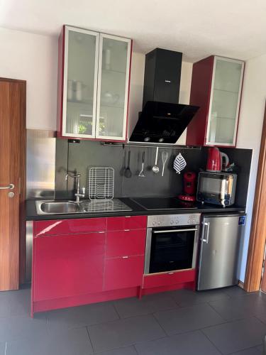 kuchnia z różowymi szafkami i zlewem w obiekcie Ferienwohnung Biermann w mieście Oberammergau