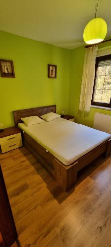 ヴィスワにあるApartament Belweder Kominkowyの緑の壁に大きなベッドが備わるベッドルーム1室
