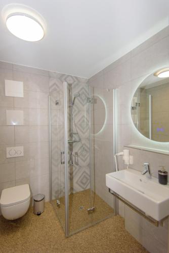 a bathroom with a shower and a toilet and a sink at Hotel TwentyFour Living in Bad Urach