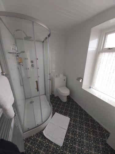 a bathroom with a shower and a toilet at Sergeants Accommodation in Nelson