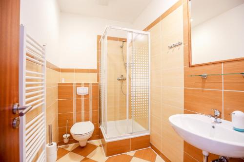 a bathroom with a toilet and a sink and a shower at Hotel Barborka in Přední Výtoň