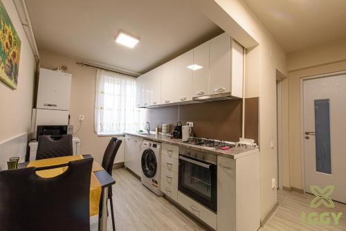 a kitchen with a stove and a dishwasher at Iggy Luxury Apartment in Hunedoara