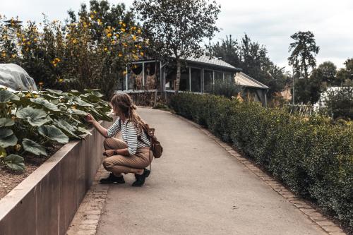 a girl is walking down a path in a garden at Robbesscheier in Munshausen