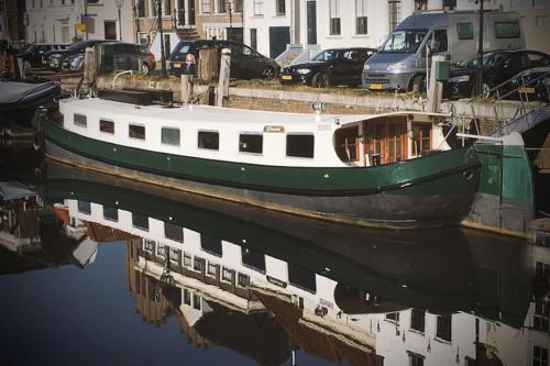 a green and white boat sitting in the water at Houseboat 'Boat Boutique' in Zwolle