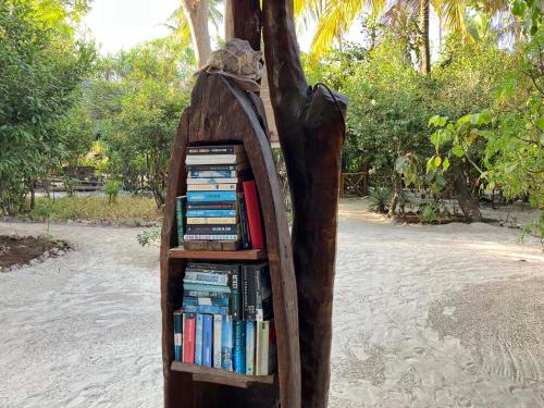 een boekenplank in een boom met boeken erop bij Mount Zion Lodge in Michamvi