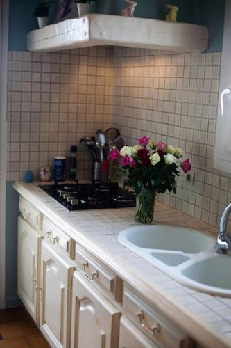 - une cuisine avec un évier et un vase de fleurs dans l'établissement Belle villa avec vue imprenable., à Fréjus