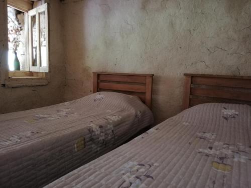 2 Einzelbetten in einem Zimmer mit Fenster in der Unterkunft Fortress House Khakhabo in Khakhabo