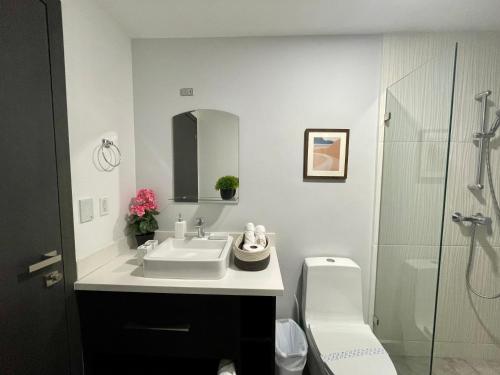 ein Badezimmer mit einem Waschbecken, einem WC und einem Spiegel in der Unterkunft Amplio condominio ejecutivo con hermosa vista in San Pedro Sula