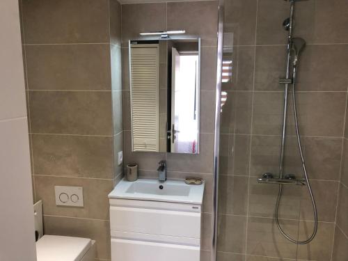 La salle de bains est pourvue d'un lavabo et d'une douche avec un miroir. dans l'établissement Sublime haut de villa aperçu mer /hippodrome /, à Cagnes-sur-Mer