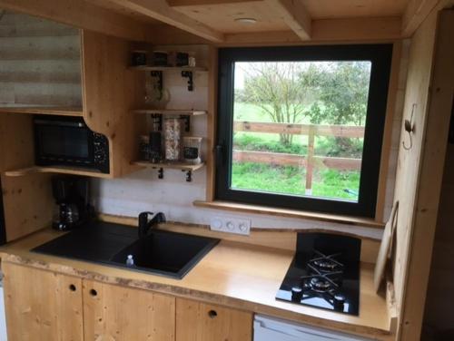 une cuisine avec un évier et une fenêtre dans l'établissement La Tiny Breizh, à La Poëtevinière