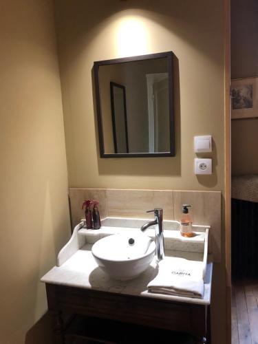 a bathroom with a sink and a mirror at Maison de la Comtesse in Cosne-dʼAllier
