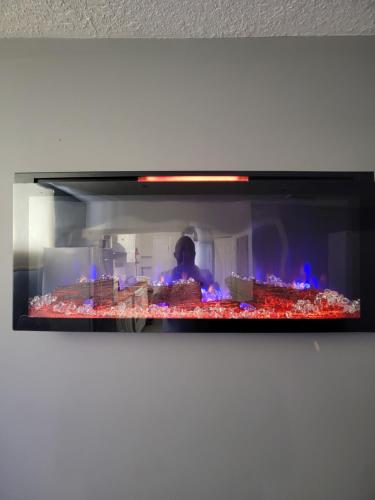 a tv screen with a person cooking in a kitchen at Staycation Studio Apartment, Private kitchen , Washroom, Micro Gym & Free Onsite Parking in London