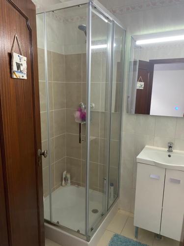 La salle de bains est pourvue d'une douche vitrée. dans l'établissement Apartamento F.A, à Pedrógão