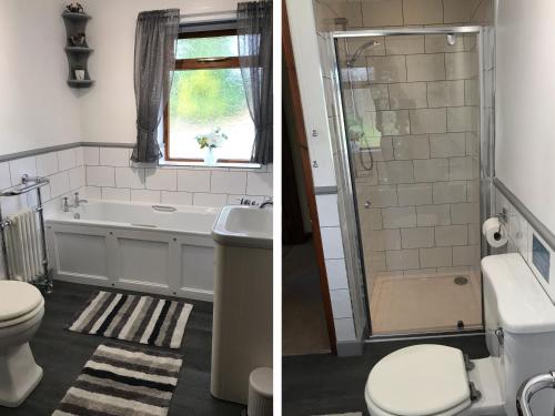 two images of a bathroom with a toilet and a shower at Drainbyrion Farm House in Van