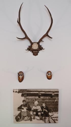 an antler clock hanging on a wall with a picture at Appartementhaus Zum Schneider in Scheffau am Wilden Kaiser
