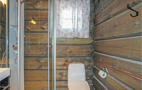 a bathroom with a toilet and a wooden wall at Awesome Home In Sjusjen With 3 Bedrooms, Internet And Jacuzzi in Sjusjøen