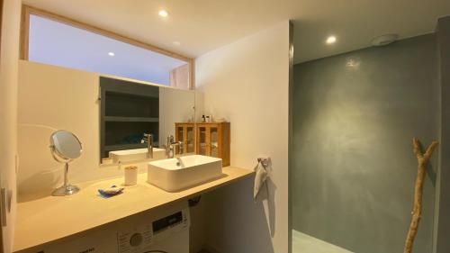 une salle de bain avec un lavabo et un miroir dans l'établissement Maison de charme avec jardin et terrasse, à Camblanes-et-Meynac